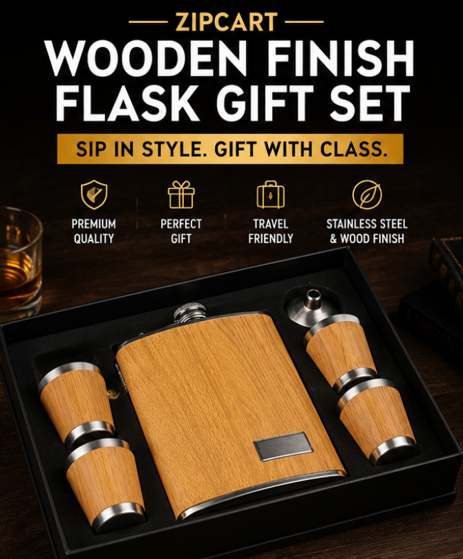 ZipCart Wood Grain Hip Flask Gift Set | 8oz Flask with 4 Shot Cups & Funnel