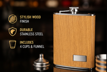 ZipCart Wood Grain Hip Flask Gift Set | 8oz Flask with 4 Shot Cups & Funnel