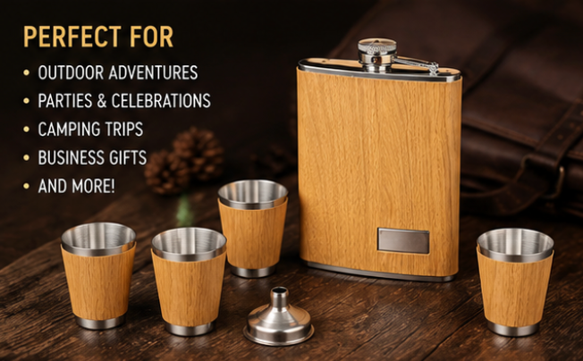 ZipCart Wood Grain Hip Flask Gift Set | 8oz Flask with 4 Shot Cups & Funnel