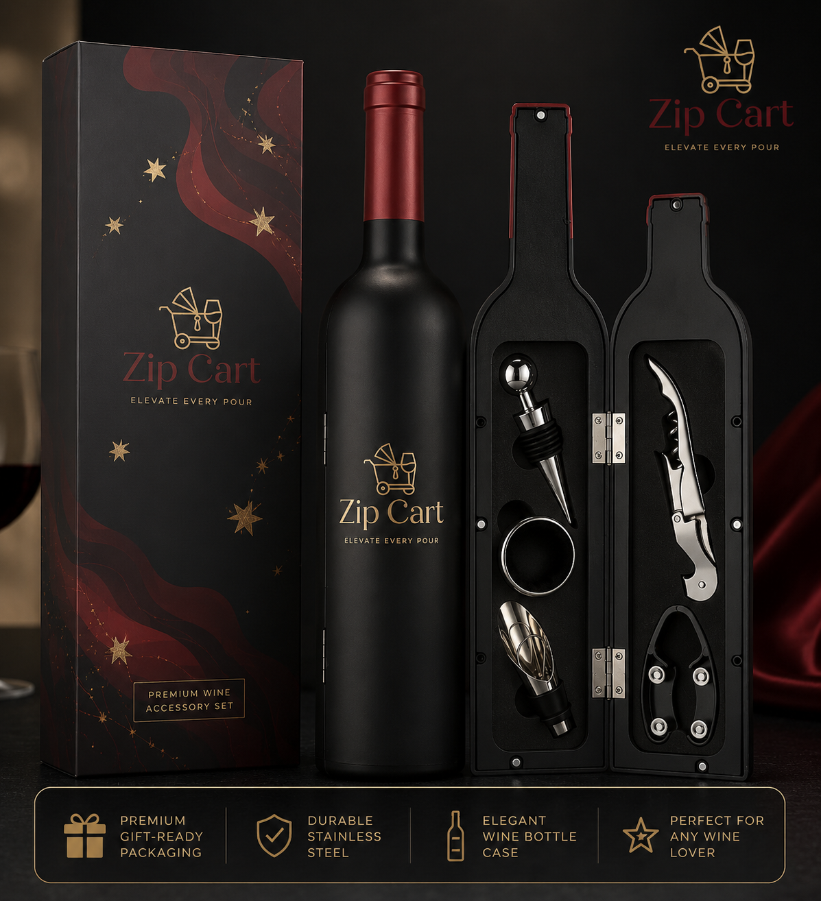 ZipCart 5-Piece Wine Accessory Gift Set | Bottle-Shaped Case